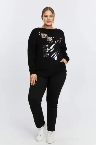 Katta hajmli qayiq yoqali leopard naqshli trikotaj qora - 4