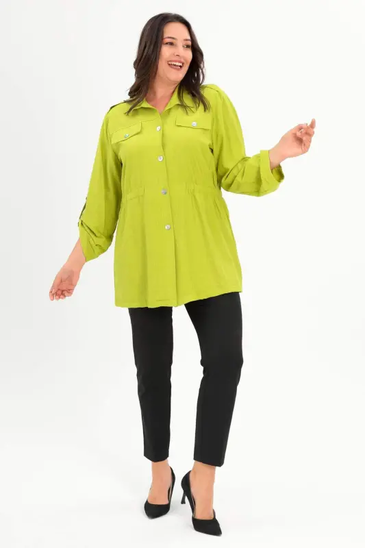 Katta kalib, elkama epauletli, cho’ntakli, yog’ rangli palto - 2