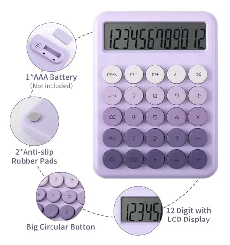 Katta katta tugmachalari bo'lgan stol uchun chiroyli binafsha rangli kalkulyator, Desktop kalkulyatorlari, Katta LCD displeyli 12 xonali, Asosiy standart kalkulyator, Mexanik kalitli estetik kalkulyatorlar Uy va maktab uchun ofis anjomlari - 3