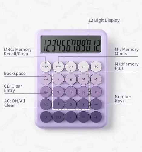 Katta katta tugmachalari bo'lgan stol uchun chiroyli binafsha rangli kalkulyator, Desktop kalkulyatorlari, Katta LCD displeyli 12 xonali, Asosiy standart kalkulyator, Mexanik kalitli estetik kalkulyatorlar Uy va maktab uchun ofis anjomlari - 4