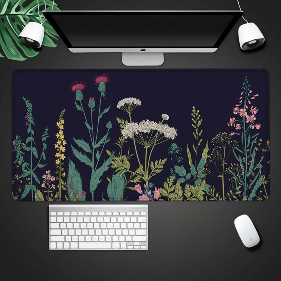 Katta Mouse Pad 31.4 x 15.7 dyuym, 3 mm XXL kengaytirilgan o'yin Mouse Pad Mat, sirpanmaydigan taglikli tikilgan Mousepad, kompyuter, ofis, klaviatura va noutbuk uchun - Yovvoyi gullar, suv o'tkazmaydigan stol Mat - 3