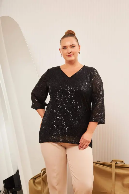 Katta o'lchamli astarli pul payetli bluz qora - BÜYÜKBEDENIZ