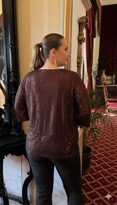Katta o'lchamli astarli pulli payetli bluz jigarrang - BÜYÜKBEDENIZ