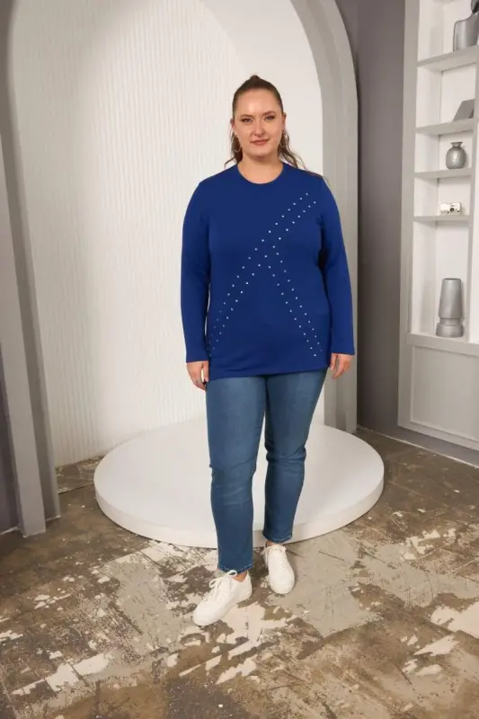 Katta o'lchamli geometrik toshli bluz saks - 7