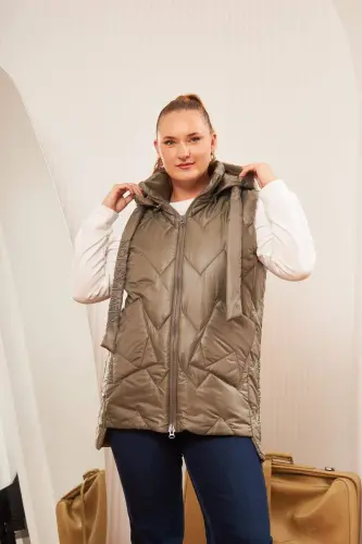 Katta o'lchamli kapitone kapüşonli jilet xaki - 3