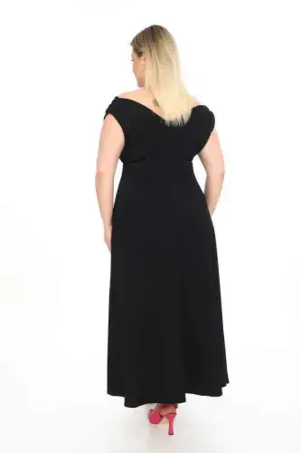 Katta o'lchamli Karmen yoqali elastik va likrali qora uzun kechki libos GLS07 - 8