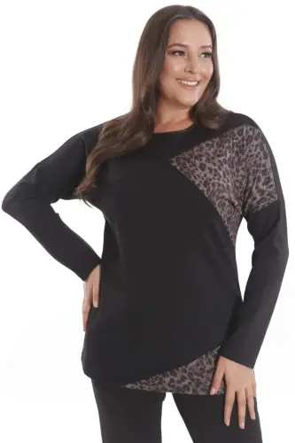 Katta o'lchamli leopard naqshli qora tunik - 3