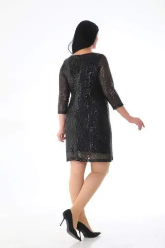 Katta o'lchamli payetli qisqa qora kechki libos KL3069 - 4