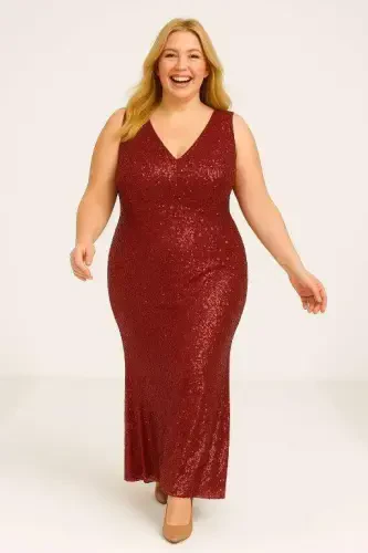 Katta oʻlchamli payetli V yoqali uzun kechki koʻylak KL3098 bordo - 1