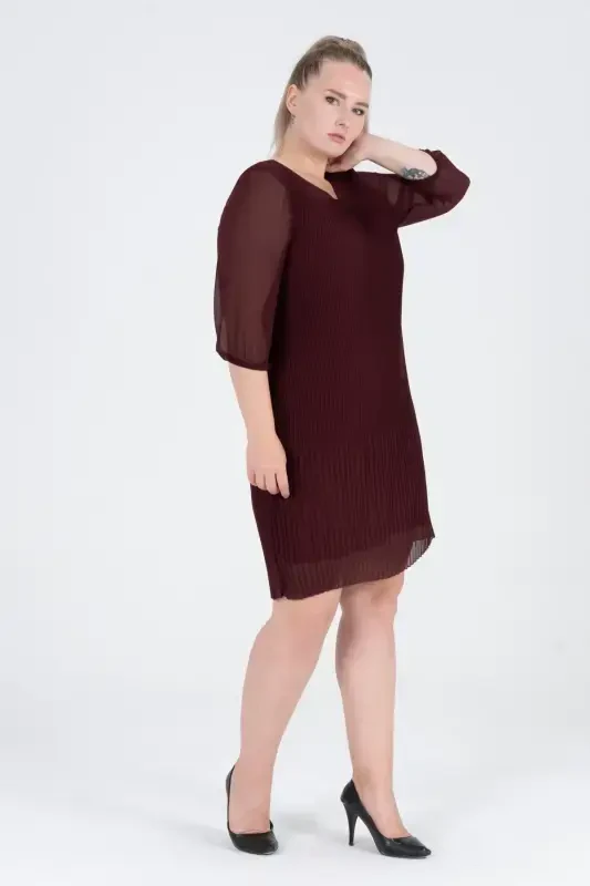 Katta o'lchamli plisse shifon ko'ylak - BORDO - 4