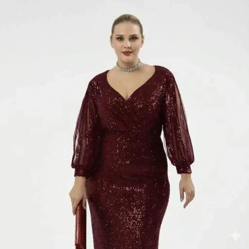 Katta o'lchamli, yenglari popukli, qisqa, tangachali kechki libos Bordo Nd4012 - 2