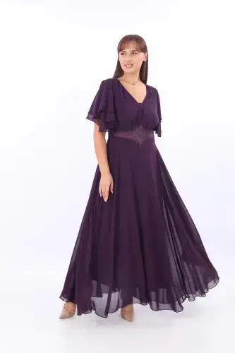 Katta qo'l kiyimli, bezakli tikili, Mor rangli ipak ko'ylak KL3045 - 1