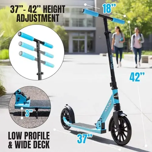 Kattalanadigan tepki scooter, kattalar va o'smirlar uchun amortizatorli – Sozlanishi mumkin bo'lgan rul – Katta 200 mm g'ildiraklar – Yengil ramka – 250 funt sig'imi – Madd Gear Metro Cruise 250 - 2