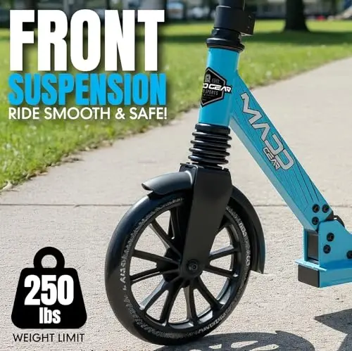 Kattalanadigan tepki scooter, kattalar va o'smirlar uchun amortizatorli – Sozlanishi mumkin bo'lgan rul – Katta 200 mm g'ildiraklar – Yengil ramka – 250 funt sig'imi – Madd Gear Metro Cruise 250 - 3