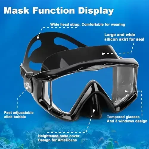 Kattalar Panoramali 3 Akvalang Maskasi, Temperlangan Shisha Snorkel Maskasi Tumanga qarshi suzish maskasi, burun qopqog'i bilan oqmaslik Suv ko'zoynaklari Snorkeling uchun uskunalar, Fridiving, Suzish - 4