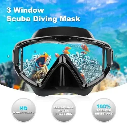 Kattalar Panoramali 3 Akvalang Maskasi, закалённое Stakan Snorkel Maskasi Tumanga qarshi suzish Maskasi Burun qopqog'i bilan oqmaydigan suzish ko'zoynaklari Snorkeling uchun uskunalar, Fridiving, Suzish - 2