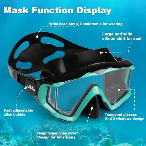 Kattalar Panoramali 3 Akvalang Maskasi, закаленное steko Snorkel Maskasi Anti-tuman Suv Maskasi Burun qopqog'i bilan Suv Ko'zoynaklari Snorkeling, Fridyayving, Suzish uchun Snorkeling Uskunalari - 4