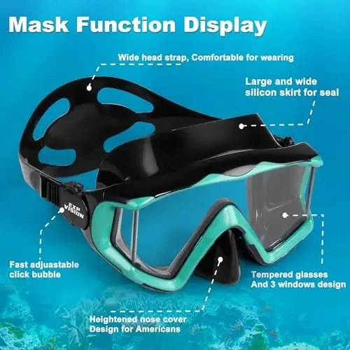 Kattalar Panoramali 3 Akvalang Maskasi, закаленное steko Snorkel Maskasi Anti-tuman Suv Maskasi Burun qopqog'i bilan Suv Ko'zoynaklari Snorkeling, Fridyayving, Suzish uchun Snorkeling Uskunalari - 4