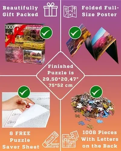 Kattalar uchun 1000 dona jumboq – Gilos gullari ochilgan manzarali qishloq, Sovg'a uchun tayyor quti, Orqa tomonida harflar, 8 ta jumboqni saqlash varag'i va GERJATO'dan to'liq o'lchamli plakat – Yaqinlar uchun ideal sovg'a - 6