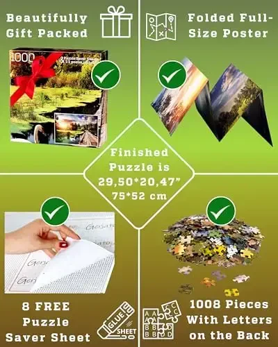 Kattalar uchun 1000 dona jumboq – Yog'och ko'prik va oqqushlar bilan Oltin Soat Ko'li, Sovg'a uchun tayyor quti, Orqa tarafdagi harflar, 8 ta jumboqni saqlash varag'i va GERJATO dan to'liq o'lchamli poster – Yaqinlar uchun ideal sovg'a - 6