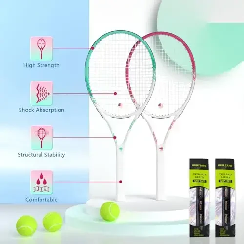 Kattalar uchun 2 o'yinchi tennis raketkasi, boshlang'ich va professional o'yinchilar uchun ideal, 27 dyuymli tezlik tennis raketkasiga tennis to'plari, tutqichlar, tennis sumkasi, vibratsiya amortizatori, qopqoq kiradi - WOED BATENS (1)