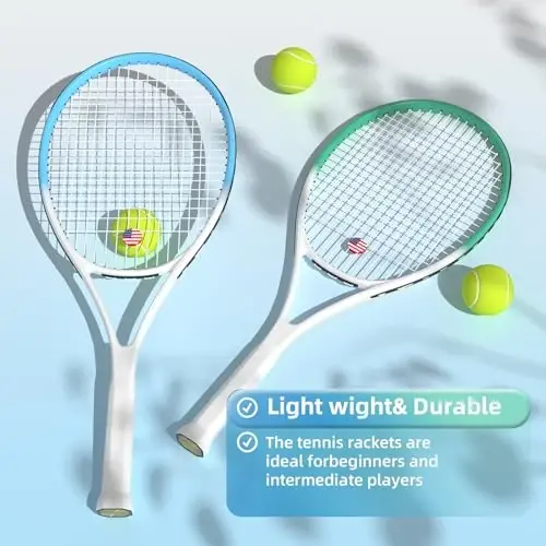 Kattalar uchun 2 o'yinchi tennis raketkasi, yangi boshlanuvchilar va professional o'yinchilar uchun ideal, 27 dyuymli tezlik tennis raketkasi, tennis to'plari, tutqichlar, tennis sumkasi, vibratsiyali amortizator, qopqoq - WOED BATENS (1)