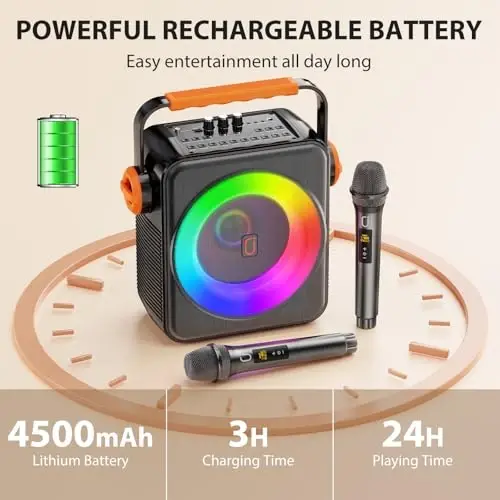 Kattalar uchun 2 ta simsiz mikrofonli karaoke mashinasi, 6,5 dyuymli to'liq diapazonli karnaydagi ko'chma Bluetooth 5.3 karaoke karnayi, DJ yorug'liklari va Echo effekti bilan PA tizimi, TWS/TF karta/USB/AUX/jonli eshittirishni qo'llab-quvvatlaydi - 3