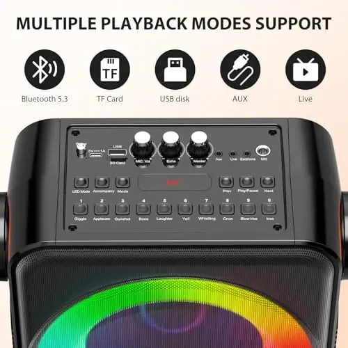 Kattalar uchun 2 ta simsiz mikrofonli karaoke mashinasi, 6,5 dyuymli to'liq diapazonli karnaydagi ko'chma Bluetooth 5.3 karaoke karnayi, DJ yorug'liklari va Echo effekti bilan PA tizimi, TWS/TF karta/USB/AUX/jonli eshittirishni qo'llab-quvvatlaydi - 4