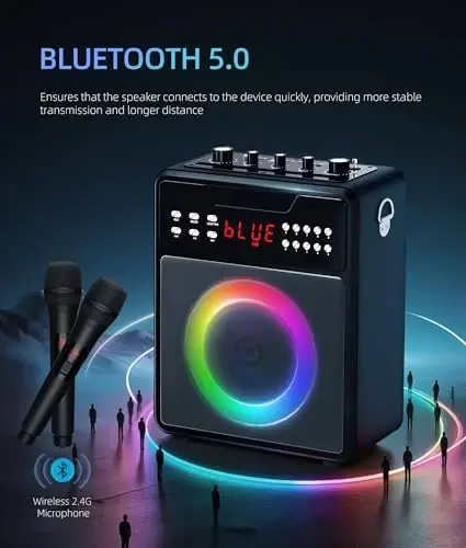 Kattalar uchun karaoke mashinasi, Bluetooth va 2 ta simsiz mikrofonli koʻchma karaoke mashinasi, TWS, USB, FM, REC, AUX kirish, TF karta qoʻllab-quvvatlanadigan yorugʻliklar bilan karaoke karnayi - 2
