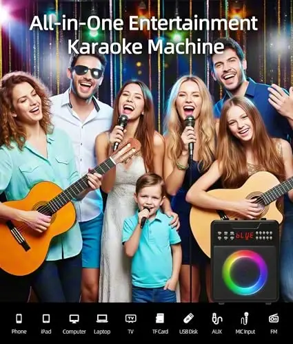 Kattalar uchun karaoke mashinasi, Bluetooth va 2 ta simsiz mikrofonli koʻchma karaoke mashinasi, TWS, USB, FM, REC, AUX kirish, TF karta qoʻllab-quvvatlanadigan yorugʻliklar bilan karaoke karnayi - 6