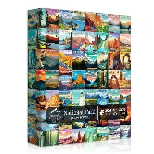 Kattalar uchun milliy bog'lar jumboq 1000 qism, sayohat posteri manzara jumboq Sion Yellowstone Yosemite o'z ichiga oladi, tabiat jumboqlar manzara tog' manzarasi - 5