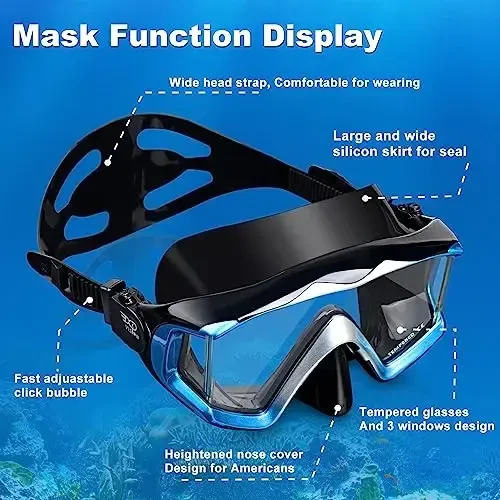 Kattalar uchun Pano 3 Akvalang maskasi, Temperlangan shisha Snorkel maskasi Tumanlanishga qarshi suzish maskasi Burun qopqog'i bilan sizib chiqmaydigan suzish ko'zoynaklari Snorkelli uskunalar Snorkelli suzish, Fridayving, Suzish uchun - 5