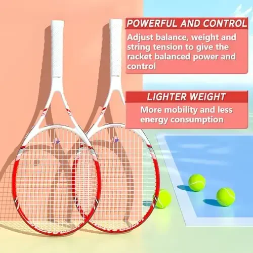 Kattalar uchun professional tennis raketkasi, 2 o'yinchi 27 dyuymli tezlikli tennis raketkasi, yangi boshlovchilar va professionallar uchun 3 ta tennis to'pi, 2 ta vibratsiyali amortizator, 2 ta tutqich, tennis sumkasi bilan mos keladi - 4