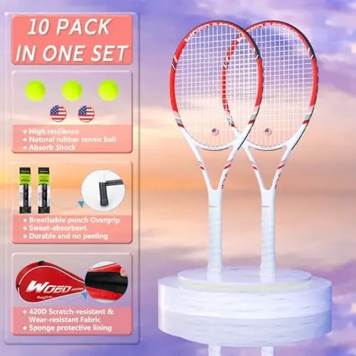 Kattalar uchun professional tennis raketkasi, 2 o'yinchi 27 dyuymli tezlikli tennis raketkasi, yangi boshlovchilar va professionallar uchun 3 ta tennis to'pi, 2 ta vibratsiyali amortizator, 2 ta tutqich, tennis sumkasi bilan mos keladi - 5