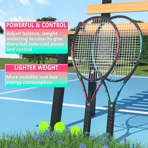 Kattalar uchun professional tennis raketkasi, 2 o'yinchi uchun 27 dyuymli tezlikda tennis raketkasi. Boshlang'ich va professional uchun maqbul, 3 ta tennis to'pi, 2 ta vibratsiya amortizatori, 2 ta overgrip, tennis sumkasi - 4