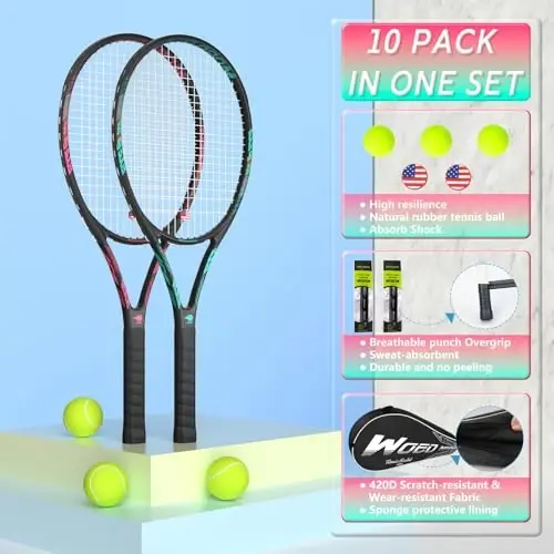 Kattalar uchun professional tennis raketkasi, 2 o'yinchi uchun 27 dyuymli tezlikda tennis raketkasi. Boshlang'ich va professional uchun maqbul, 3 ta tennis to'pi, 2 ta vibratsiya amortizatori, 2 ta overgrip, tennis sumkasi - 5
