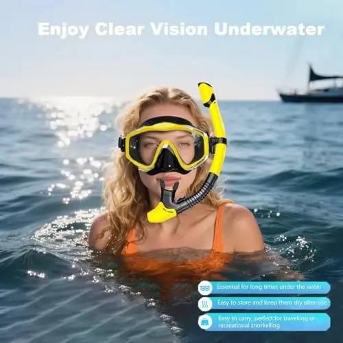 Kattalar uchun snorkeling uskunalari, temperlangan shishali quruq tepalikli snorkel to'plami, tumanlanishga qarshi va oqishga qarshi panoramik suzish maskasi, suv ostida suzish, suzish, sayohat uchun sozlanishi snorkel to'plami va sumkasi - 3