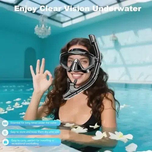 Kattalar uchun snorkeling uskunalari, temperlangan shishali quruq tepalikli snorkel to'plami, tumanlanishga qarshi va sizib chiqmaydigan panoramali suzish maskasi, suvga sho'ng'ish, suzish, sayohat uchun sozlanishi snorkel to'plami, sumka bilan - 3