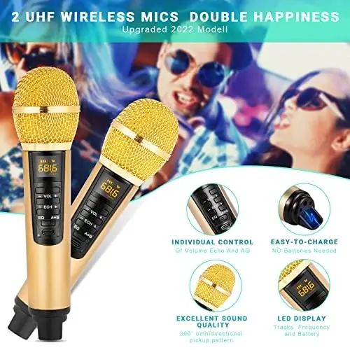 Kattalar va bolalar uchun Karaoke apparati, ko'chma Bluetooth 2 simsiz mikrofon tutqichi/USB/TF kartochka/AUX-in bilan, uy sharoitidagi ziyofat, piknik, mashina, ochiq/yopiq joylar uchun PA karnaylar tizimi. - 2