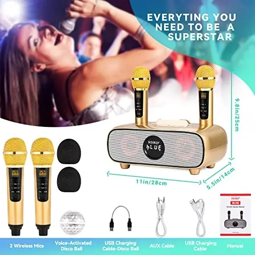 Kattalar va bolalar uchun Karaoke apparati, ko'chma Bluetooth 2 simsiz mikrofon tutqichi/USB/TF kartochka/AUX-in bilan, uy sharoitidagi ziyofat, piknik, mashina, ochiq/yopiq joylar uchun PA karnaylar tizimi. - 6