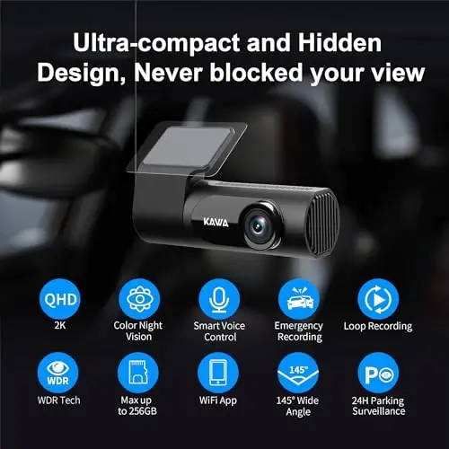KAWA Dash Cam 2K, WiFi Dash Camera for Cars 1440P with Hand-Free Voice Control, Night Vision, Mini Hidden Dashcam Front, Emergency Lock, Loop Recording, 24-Hour Parking Monitor, APP, Support 256GB Max - 4