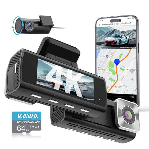 KAWA 4K Dash Cam Front Rear, AI-ISP Night Vision, Free 64GB Card, 4K+1080P Dual WiFi Dash Camera for Cars with Sony STARVIS, GPS and Speed Dashcam, 3.16” IPS Screen, G-Sensor, AI 24H Motion Detection - 1