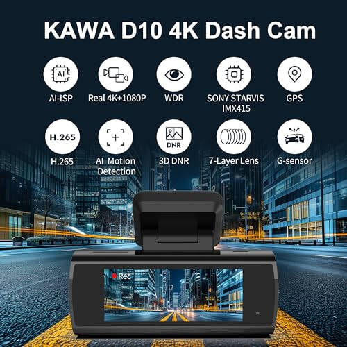 KAWA 4K Dash Cam Front Rear, AI-ISP Night Vision, Free 64GB Card, 4K+1080P Dual WiFi Dash Camera for Cars with Sony STARVIS, GPS and Speed Dashcam, 3.16” IPS Screen, G-Sensor, AI 24H Motion Detection - 3