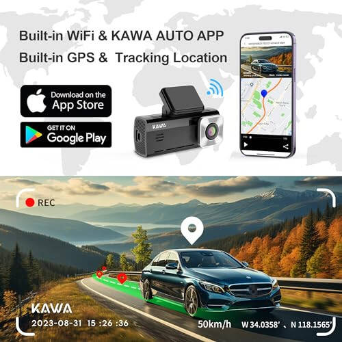 KAWA 4K Dash Cam Front Rear, AI-ISP Night Vision, Free 64GB Card, 4K+1080P Dual WiFi Dash Camera for Cars with Sony STARVIS, GPS and Speed Dashcam, 3.16” IPS Screen, G-Sensor, AI 24H Motion Detection - 6