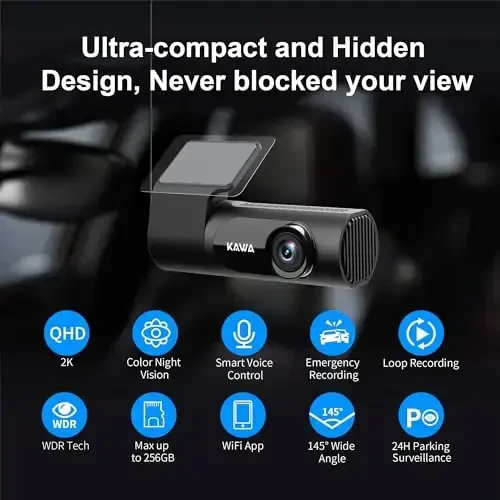 KAWA Dash Cam 2K, WiFi Dash Camera for Cars 1440P with Hand-Free Voice Control, Night Vision, Mini Hidden Dashcam Front, Emergency Lock, Loop Recording, 24-Hour Parking Monitor, APP, Support 256GB Max - 4