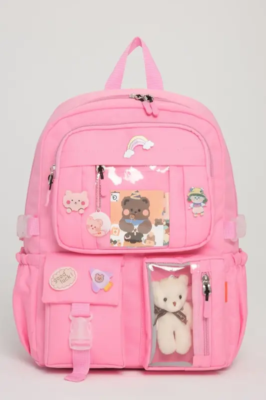 Kawaii Kore Tarzı Okul Çantası Aksesuarlı Kız Çocuk ve Erkek Çocuk Sırt Çantası AÇIK PEMBE - Açık Pembe - ROXBROS