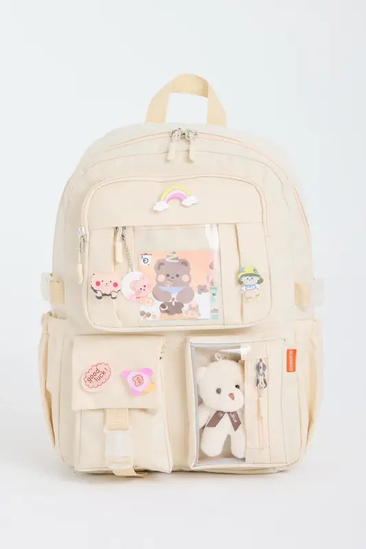 Kawaii Kore Tarzı Okul Çantası Aksesuarlı Kız Çocuk Ve Erkek Çocuk Sırt Çantası Koyu Krem - Koyu Krem - 1