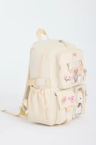 Kawaii Kore Tarzı Okul Çantası Aksesuarlı Kız Çocuk Ve Erkek Çocuk Sırt Çantası Koyu Krem-Koyu Krem - 2