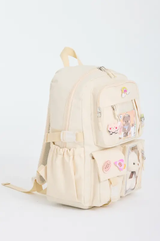 Kawaii Kore Tarzı Okul Çantası Aksesuarlı Kız Çocuk Ve Erkek Çocuk Sırt Çantası Koyu Krem-Koyu Krem - 2