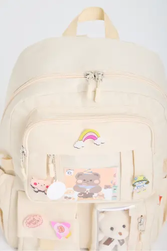 Kawaii Kore Tarzı Okul Çantası Aksesuarlı Kız Çocuk Ve Erkek Çocuk Sırt Çantası Koyu Krem-Koyu Krem - 3